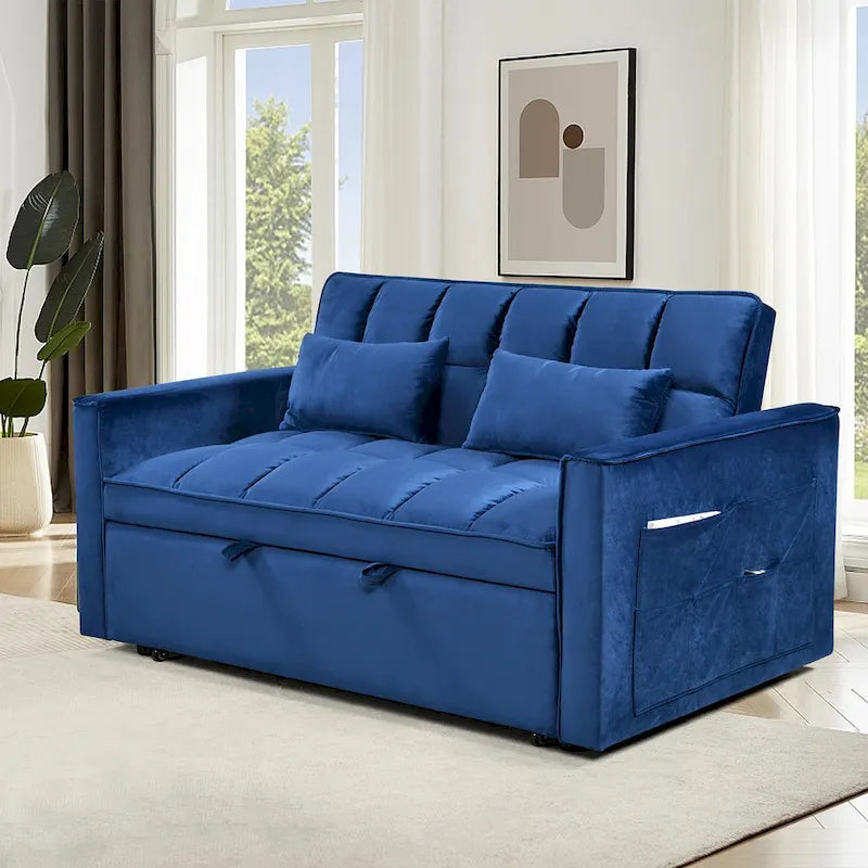 Causeuse futon moderne en velours avec dossier inclinable et poches, 2 places — Gris foncé / Gris clair / Bleu / Noir