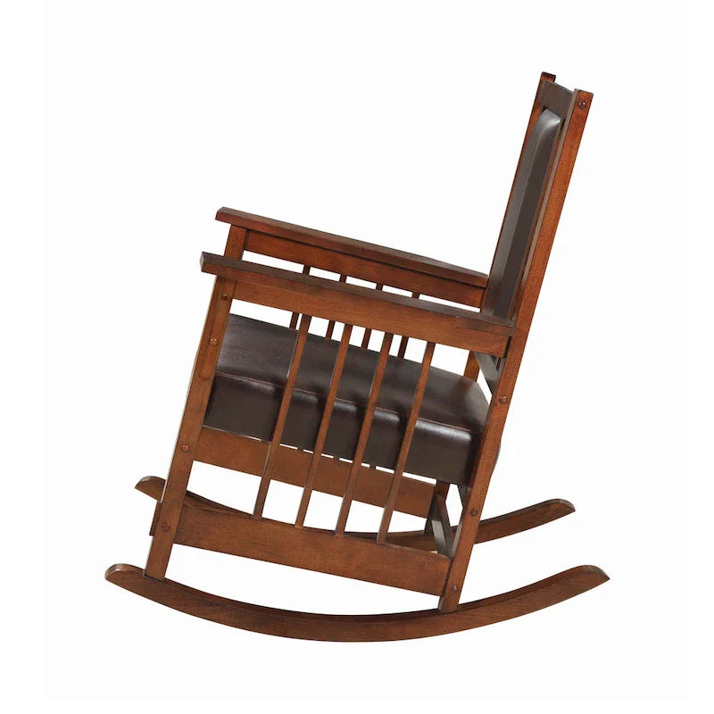 Fauteuil à bascule de style Mission, assise et dossier en cuir, tabac et marron foncé