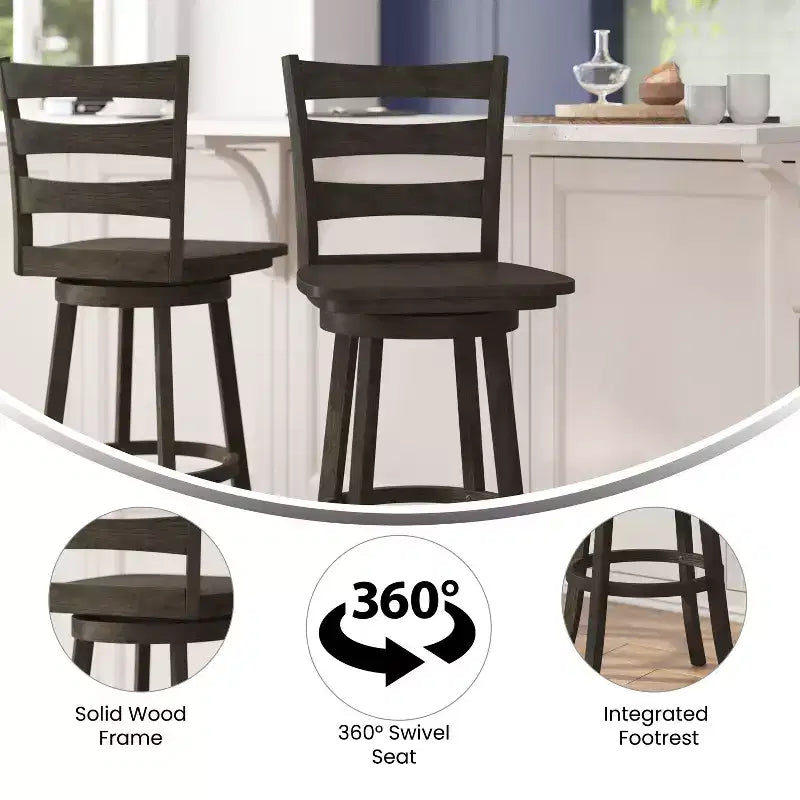 Tabouret de bar pivotant Flash Furniture Liesel en bois massif avec dossier en échelle, de qualité commerciale, hauteur de bar