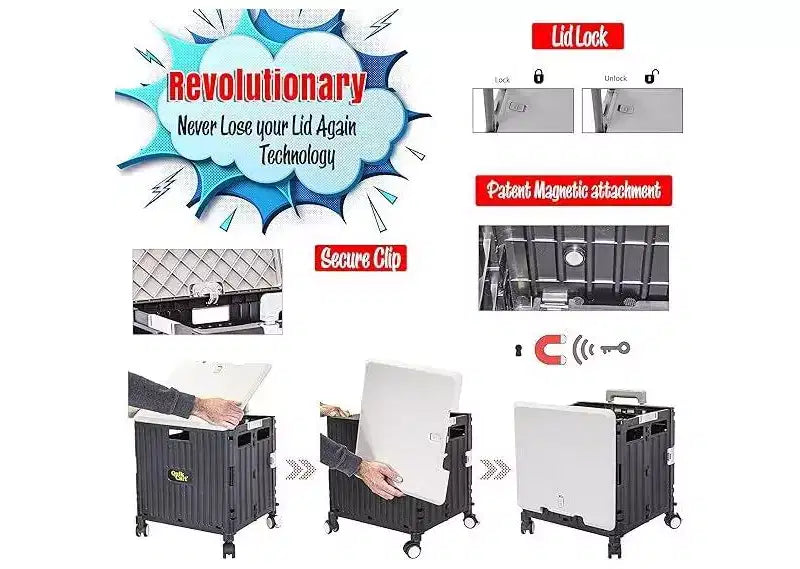 dbest products Chariot utilitaire pliable Quik Cart avec couvercle battant, quatre roues pivotantes, siège, panier pliable robuste et poignée télescopique double de chariot