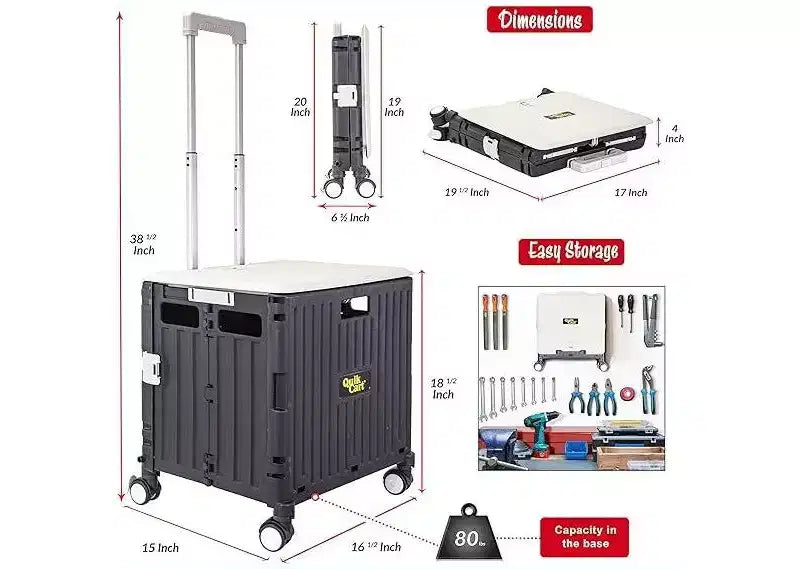 dbest products Chariot utilitaire pliable Quik Cart avec couvercle battant, quatre roues pivotantes, siège, panier pliable robuste et poignée télescopique double de chariot