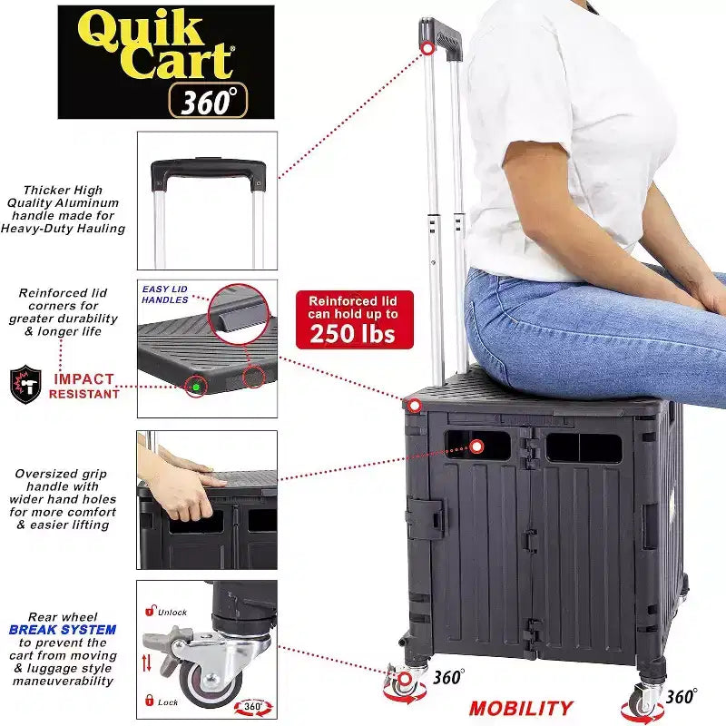 dbest products Quik Cart 360 Chariot de courses pliable à quatre roues avec siège et panier pliable robuste