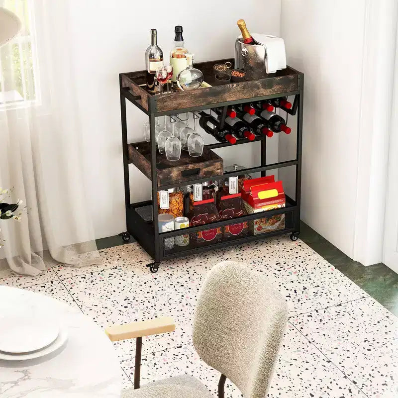 Desserte de bar roulante Costway, chariot de service à roulettes, desserte à liqueur et boissons industrielle à 3 niveaux avec porte-bouteilles et porte-verres