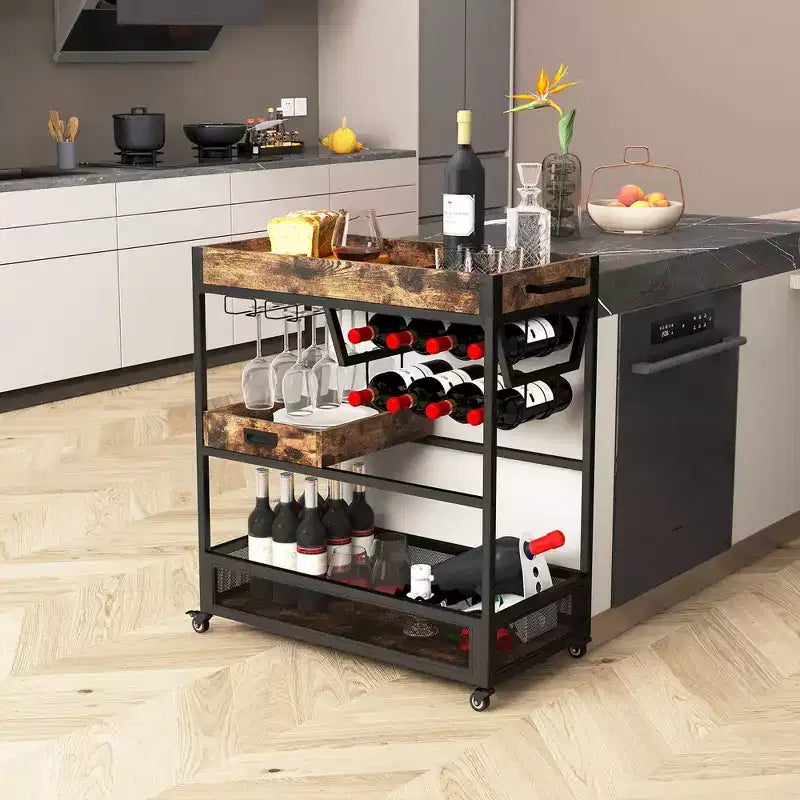 Desserte de bar roulante Costway, chariot de service à roulettes, desserte à liqueur et boissons industrielle à 3 niveaux avec porte-bouteilles et porte-verres