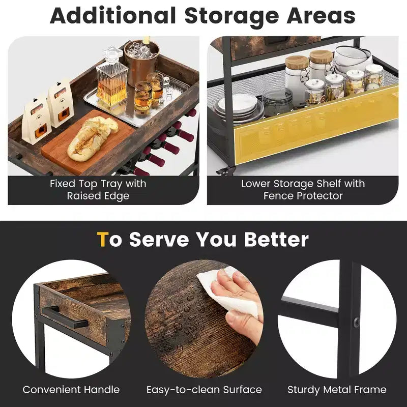 Desserte de bar roulante Costway, chariot de service à roulettes, desserte à liqueur et boissons industrielle à 3 niveaux avec porte-bouteilles et porte-verres