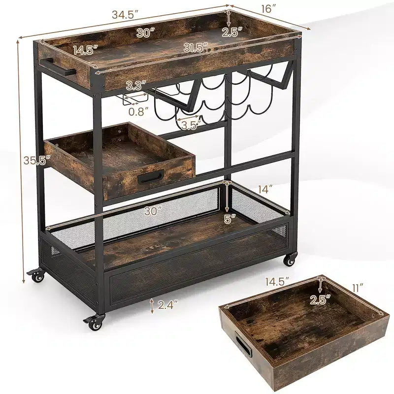 Desserte de bar roulante Costway, chariot de service à roulettes, desserte à liqueur et boissons industrielle à 3 niveaux avec porte-bouteilles et porte-verres