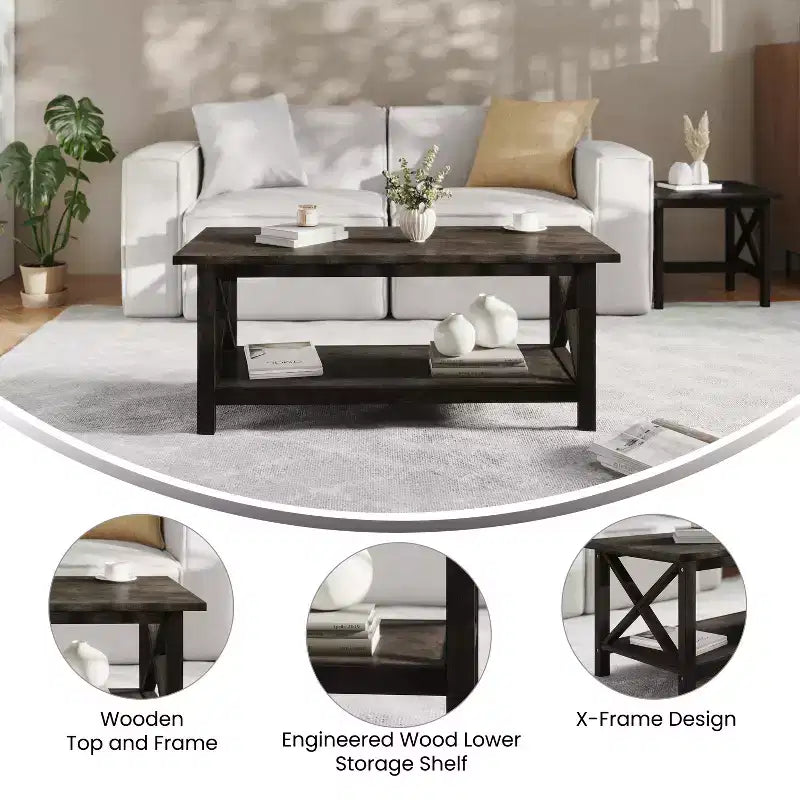 Table basse en bois massif style fermier Jasper de Flash Furniture avec accents entrecroisés traditionnels