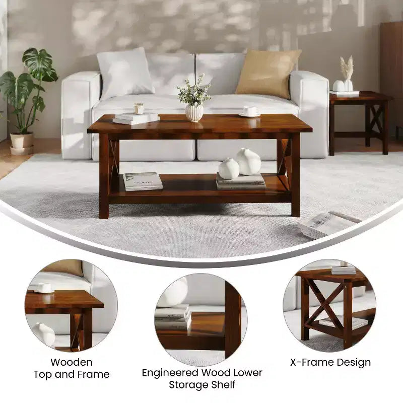 Table basse en bois massif style fermier Jasper de Flash Furniture avec accents entrecroisés traditionnels
