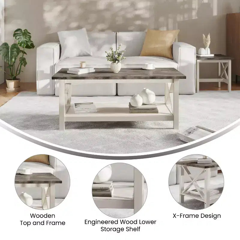 Table basse en bois massif style fermier Jasper de Flash Furniture avec accents entrecroisés traditionnels