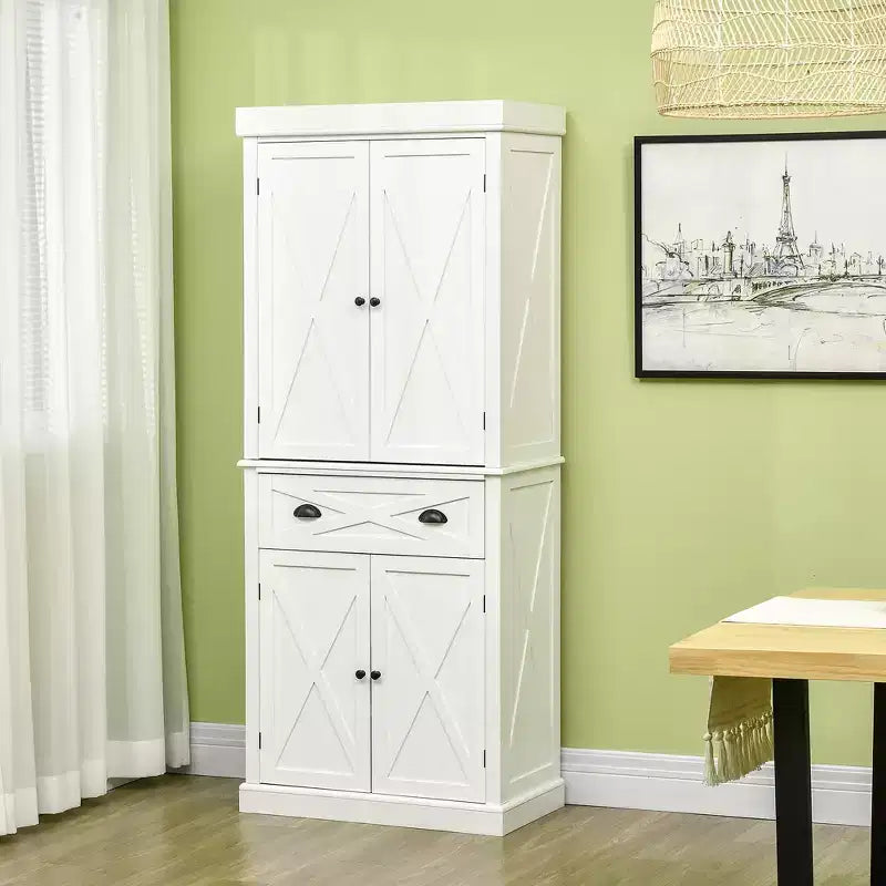 HOMCOM Meuble de Rangement sur Pied Moderne de Style Ferme, Armoire de Cuisine avec 4 Portes, 6 Niveaux, 1 Tiroir et 4 Étagères Réglables