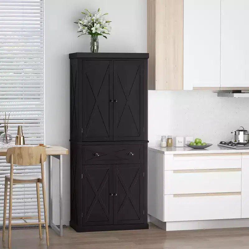 HOMCOM Meuble de Rangement sur Pied Moderne de Style Ferme, Armoire de Cuisine avec 4 Portes, 6 Niveaux, 1 Tiroir et 4 Étagères Réglables