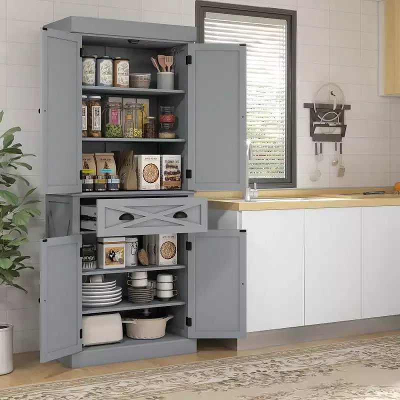 HOMCOM Meuble de Rangement sur Pied Moderne de Style Ferme, Armoire de Cuisine avec 4 Portes, 6 Niveaux, 1 Tiroir et 4 Étagères Réglables