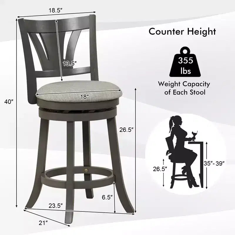 Tabouret de bar pivotant Costway 67 cm, hauteur comptoir, avec dossier incurvé et pieds en bois d'hévéa