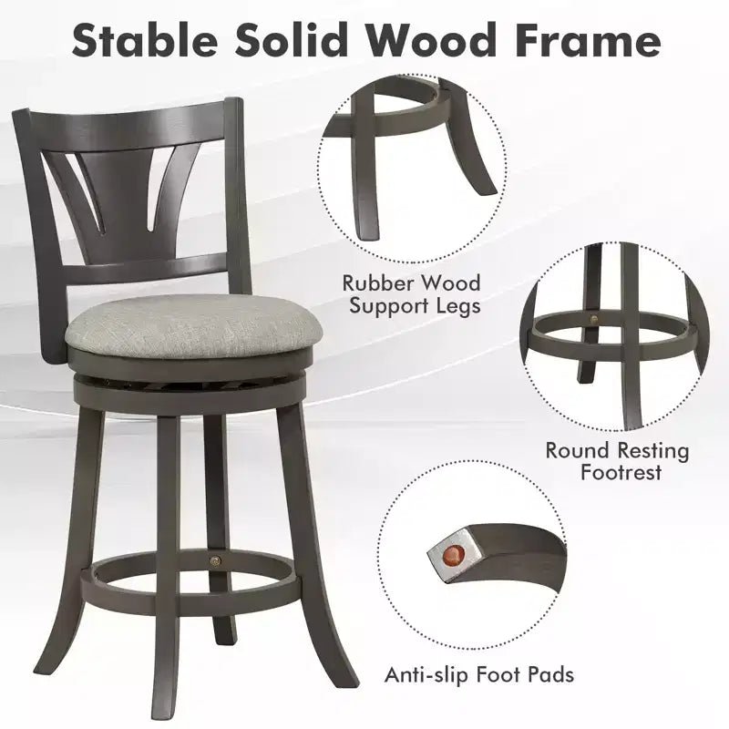 Tabouret de bar pivotant Costway 67 cm, hauteur comptoir, avec dossier incurvé et pieds en bois d'hévéa