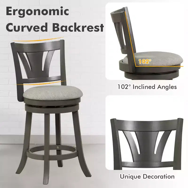 Tabouret de bar pivotant Costway 67 cm, hauteur comptoir, avec dossier incurvé et pieds en bois d'hévéa