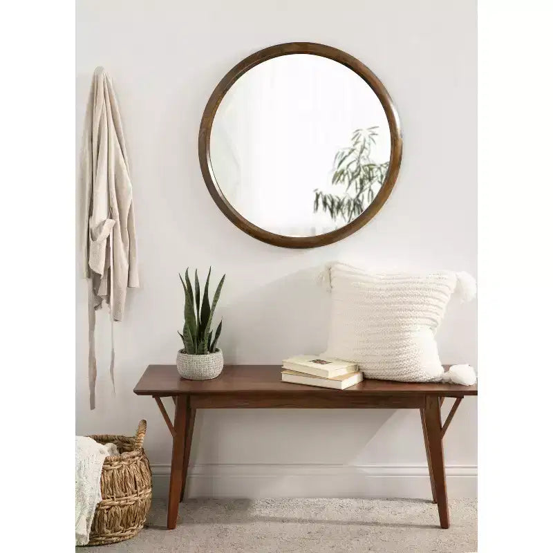 Miroir Mural Rond avec Cadre en Bois Kate and Laurel Pao, 71 cm de Diamètre, Noyer Brun