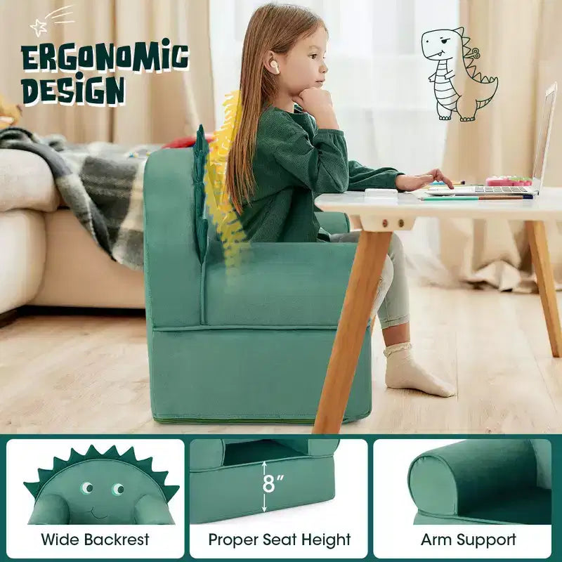 Costway Canapé Enfant Fauteuil en Mousse Rembourré Dinosaure Fauteuil Enfant Moelleux avec Housse Lavable