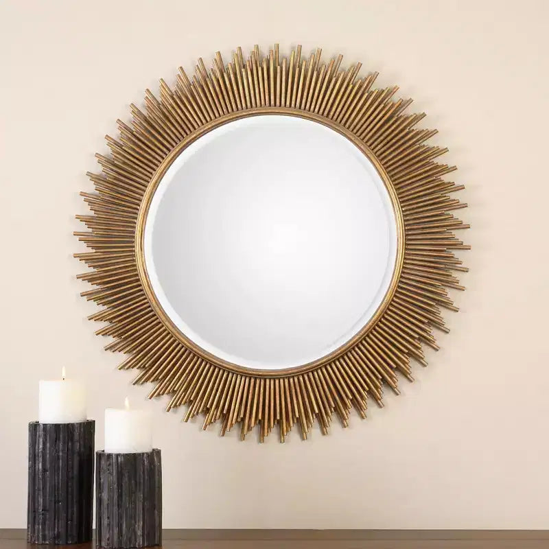 Miroir décoratif mural Uttermost Sunburst Vanity moderne, biseauté, cadre en fer et bois doré à la feuille, 36" de large pour salle de bain et chambre
