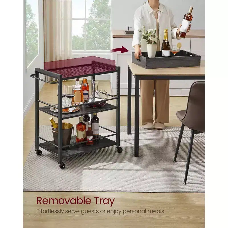 Chariot de service de cuisine avec plateau amovible, chariot utilitaire de cuisine à 3 niveaux sur roulettes avec rangement, avec freins, pieds de nivellement