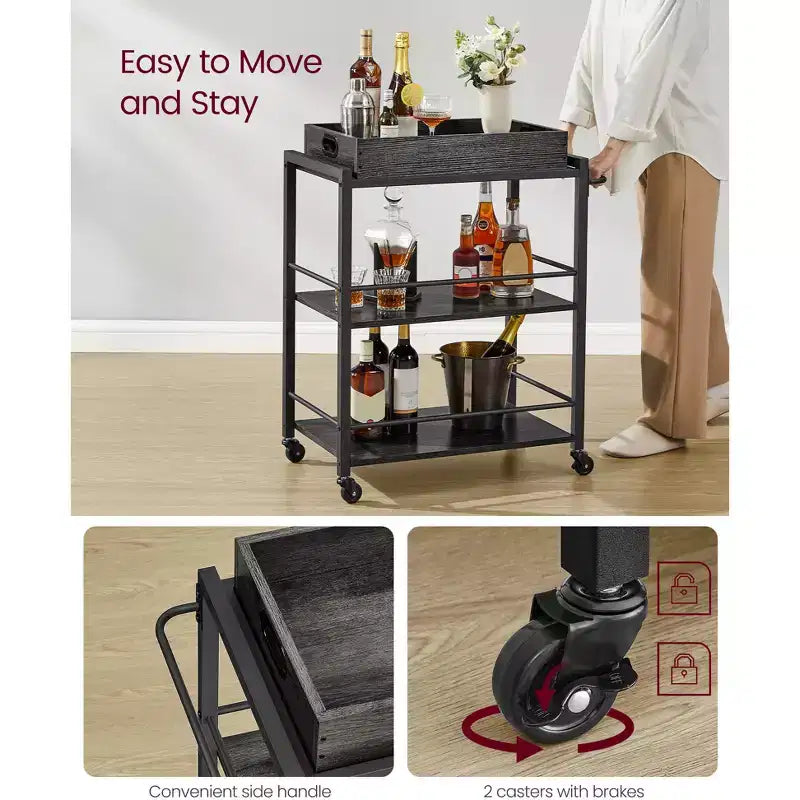 Chariot de service de cuisine avec plateau amovible, chariot utilitaire de cuisine à 3 niveaux sur roulettes avec rangement, avec freins, pieds de nivellement