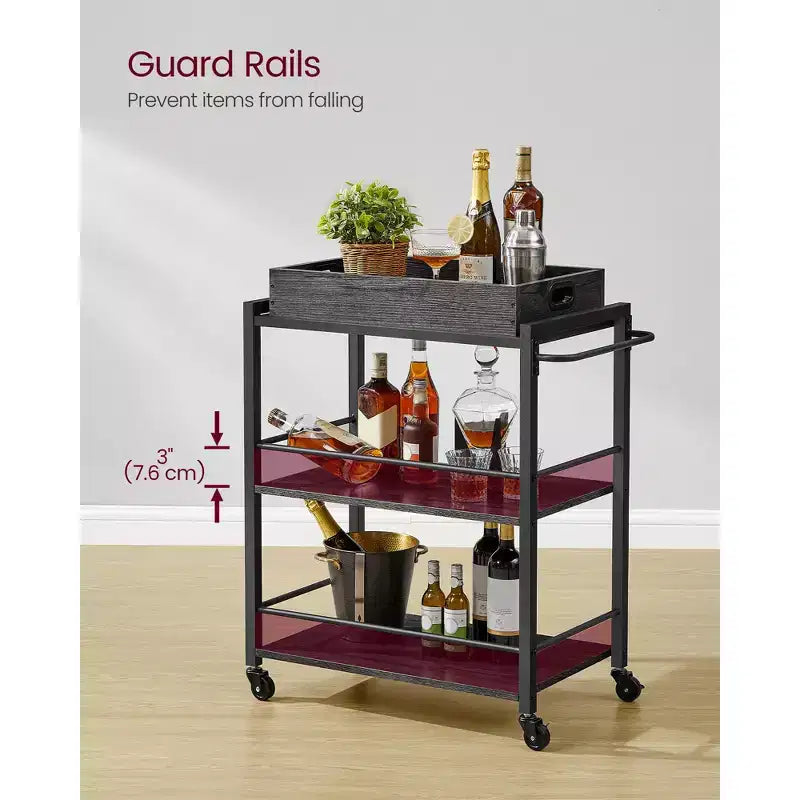 Chariot de service de cuisine avec plateau amovible, chariot utilitaire de cuisine à 3 niveaux sur roulettes avec rangement, avec freins, pieds de nivellement