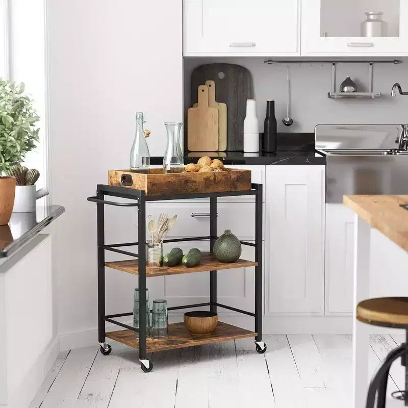 Chariot de service de cuisine avec plateau amovible, chariot utilitaire de cuisine à 3 niveaux sur roulettes avec rangement, avec freins, pieds de nivellement
