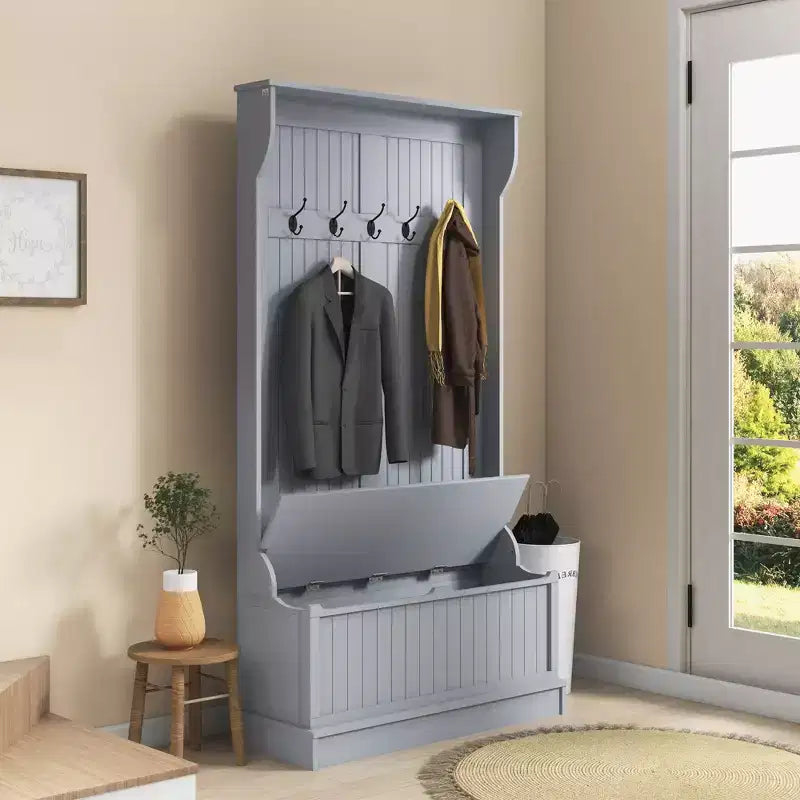 Meuble d'entrée 3-en-1 HOMCOM avec banc de rangement et porte-manteaux, 5 doubles crochets en acier et dispositif anti-basculement pour l'entrée