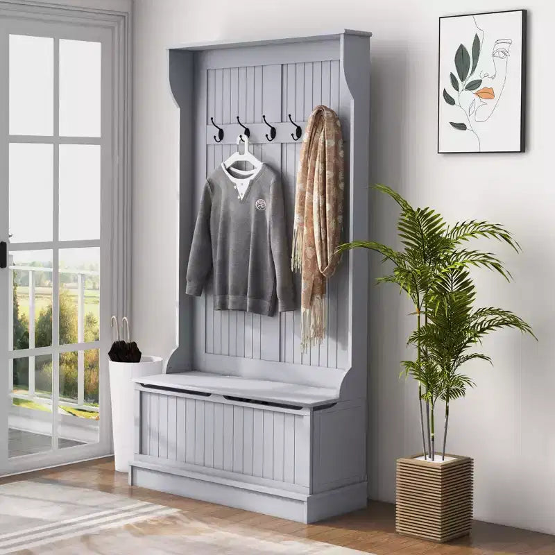 Meuble d'entrée 3-en-1 HOMCOM avec banc de rangement et porte-manteaux, 5 doubles crochets en acier et dispositif anti-basculement pour l'entrée