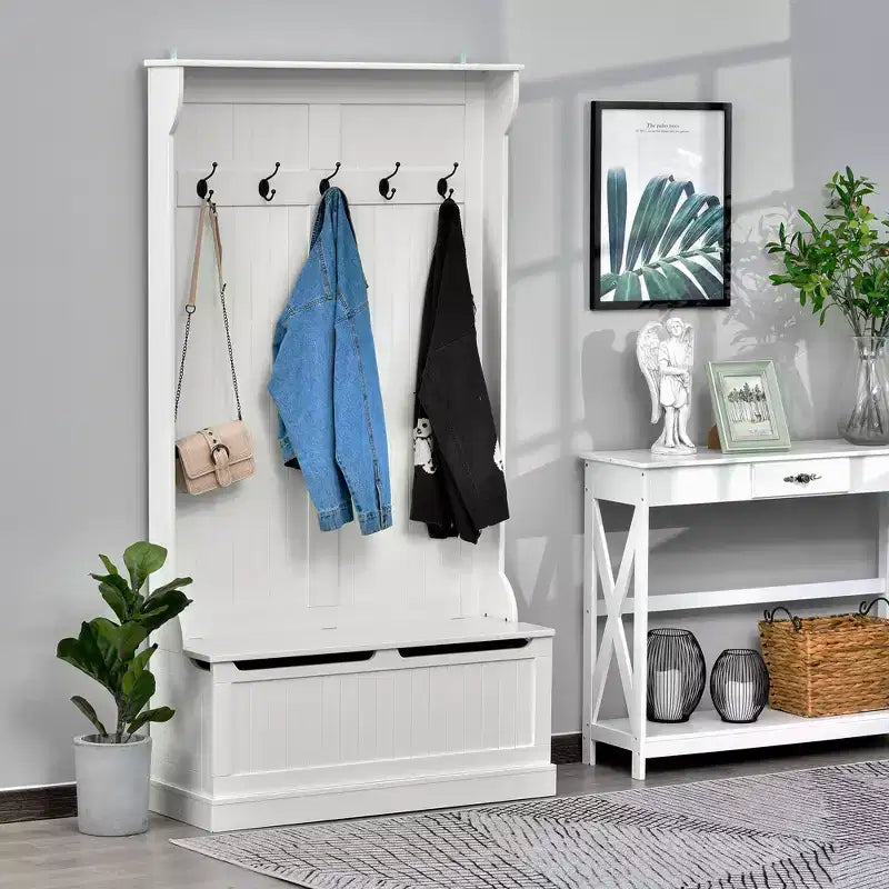 Meuble d'entrée 3-en-1 HOMCOM avec banc de rangement et porte-manteaux, 5 doubles crochets en acier et dispositif anti-basculement pour l'entrée