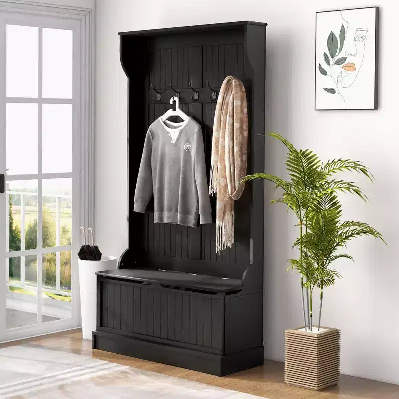 Meuble d'entrée 3-en-1 HOMCOM avec banc de rangement et porte-manteaux, 5 doubles crochets en acier et dispositif anti-basculement pour l'entrée