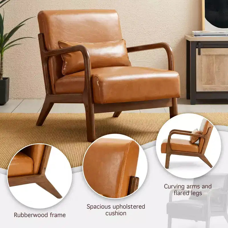 Fauteuil d'appoint Mid-Century Modern en similicuir avec cadre en bois d'hévéa couleur noyer - Glitzhome