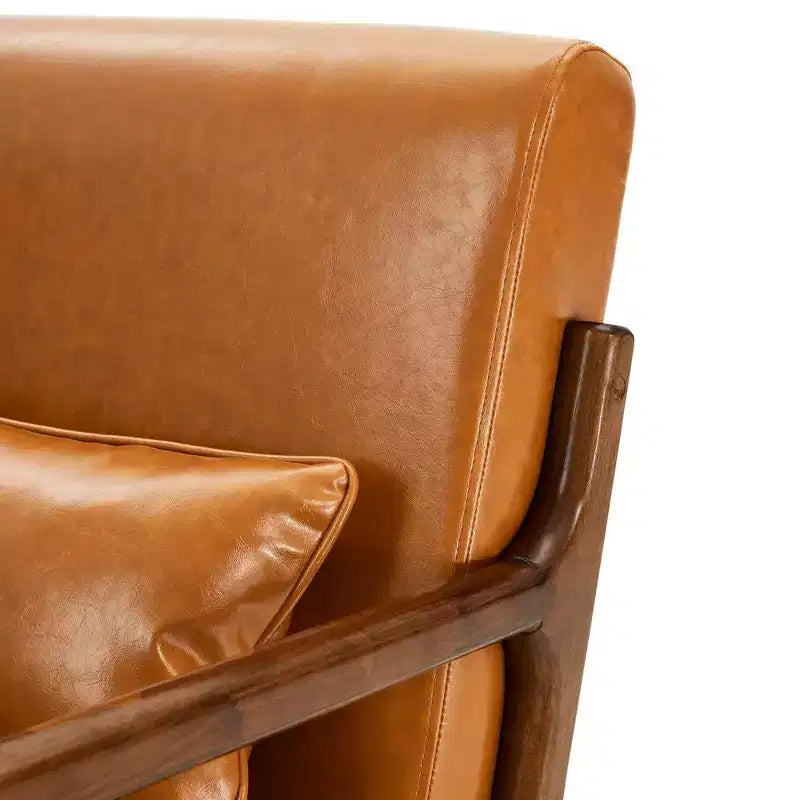 Fauteuil d'appoint Mid-Century Modern en similicuir avec cadre en bois d'hévéa couleur noyer - Glitzhome