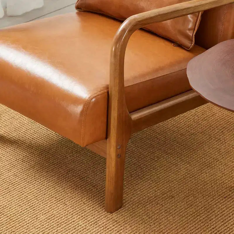 Fauteuil d'appoint Mid-Century Modern en similicuir avec cadre en bois d'hévéa couleur noyer - Glitzhome