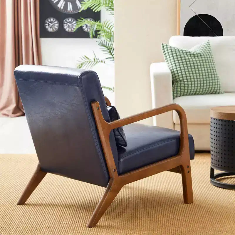 Fauteuil d'appoint Mid-Century Modern en similicuir avec cadre en bois d'hévéa couleur noyer - Glitzhome
