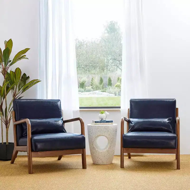 Fauteuil d'appoint Mid-Century Modern en similicuir avec cadre en bois d'hévéa couleur noyer - Glitzhome