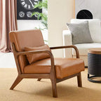 Fauteuil d'appoint Mid-Century Modern en similicuir avec cadre en bois d'hévéa couleur noyer - Glitzhome