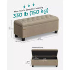Banc de rangement SONGMICS, Bout de lit long avec rangement, Charge maximale 150 kg, Pieds en bois massif