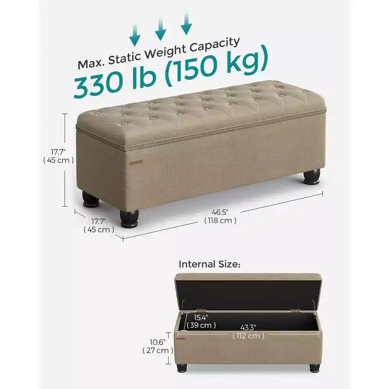 Banc de rangement SONGMICS, Bout de lit long avec rangement, Charge maximale 150 kg, Pieds en bois massif