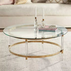 55 Downing Street Saarinen Table basse ronde dorée minimaliste moderne 96,5 cm de large avec plateau en verre transparent et pieds pour salon chambre maison