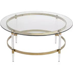55 Downing Street Saarinen Table basse ronde dorée minimaliste moderne 96,5 cm de large avec plateau en verre transparent et pieds pour salon chambre maison