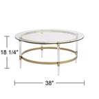 55 Downing Street Saarinen Table basse ronde dorée minimaliste moderne 96,5 cm de large avec plateau en verre transparent et pieds pour salon chambre maison
