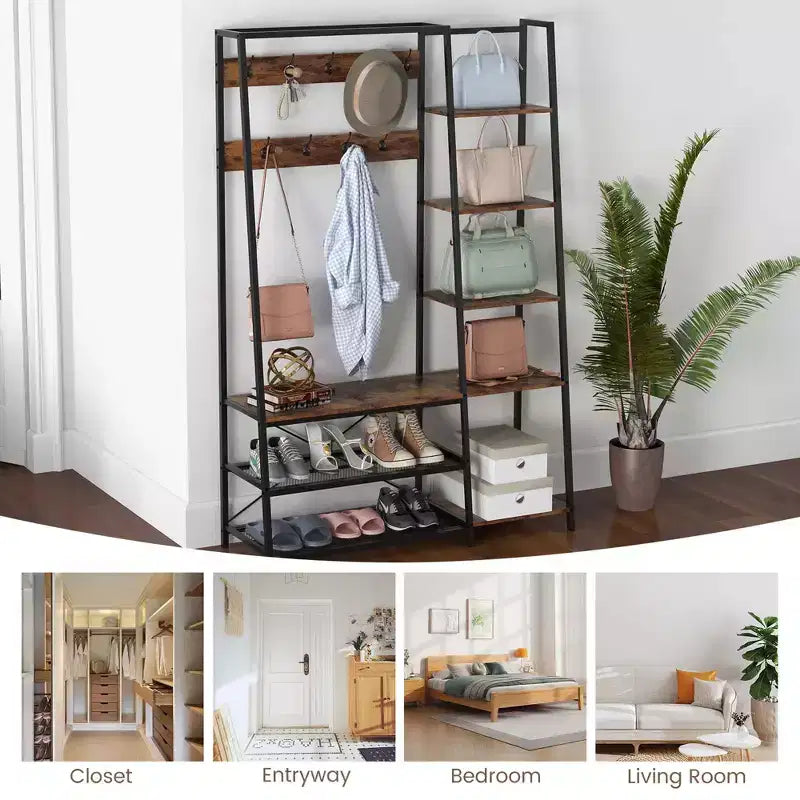 Meuble d'entrée 5-en-1 Costway avec portemanteau, banc à chaussures et arbre de hall autoportant en bois