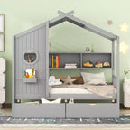 Twin/Full Size Wooden House Bed with 2 Drawers, Kids Bed with Storage Shelf - ModernLuxe