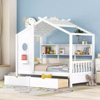 Lit cabane en bois double/complet avec 2 tiroirs, lit pour enfants avec étagère de rangement - ModernLuxe