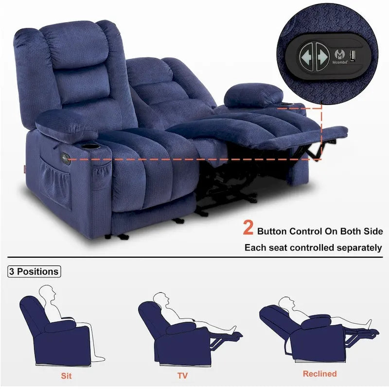 Causeuse inclinable électrique MCombo avec fonction chauffage et massage, en tissu PR648