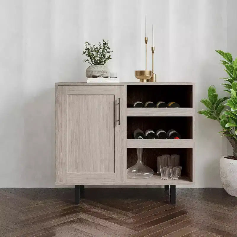 Emma and Oliver Classic Bar and Sideboard with Shaker Style Single Door Cabinet with Hanging Glass Storage and Open Bottle Shelves
