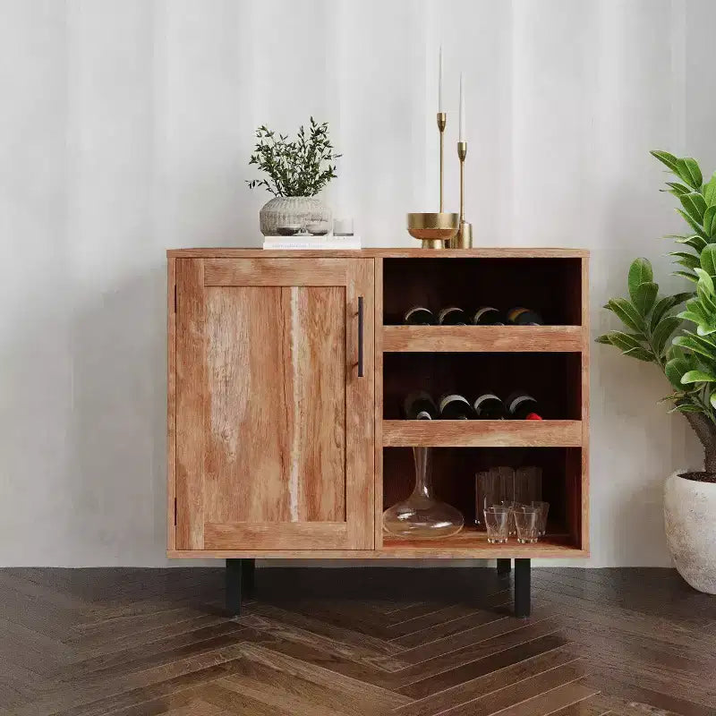 Meuble bar et bahut classique Emma et Oliver avec armoire à porte simple de style Shaker avec rangement pour verres suspendu et étagères ouvertes pour bouteilles