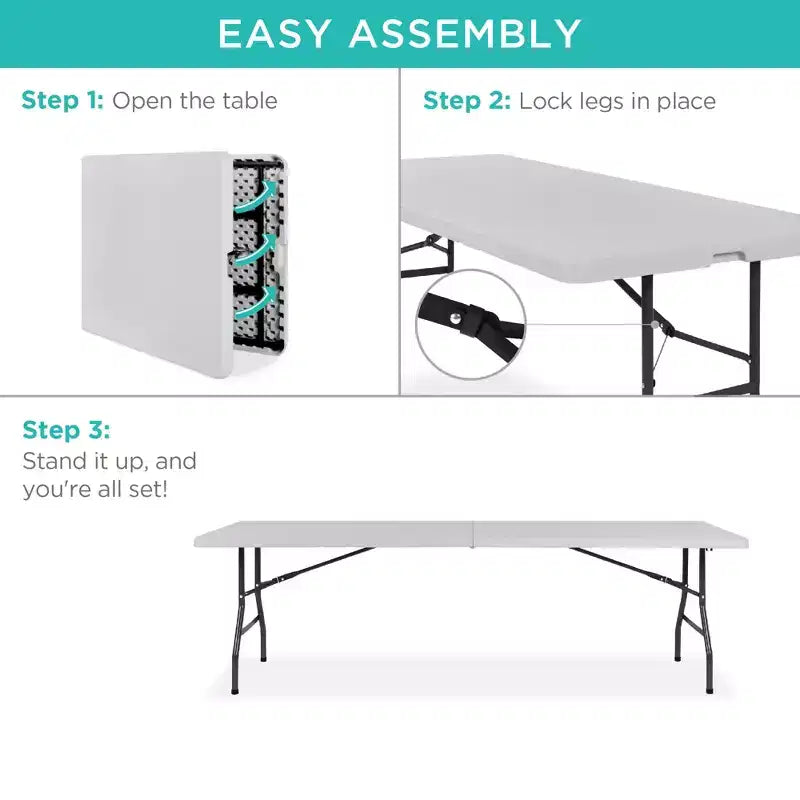 Table pliante en plastique de 2,4 m de la marque Best Choice Products, portable et robuste pour l'intérieur et l'extérieur avec poignée, verrouillage pour pique-nique