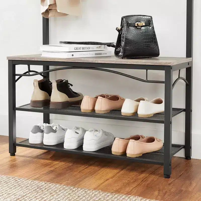 Meuble d'entrée avec porte-manteaux et banc à chaussures VASAGLE, étagère de rangement à 3 niveaux Style Industriel avec cadre en acier, 32 x 80 x 178,5 cm