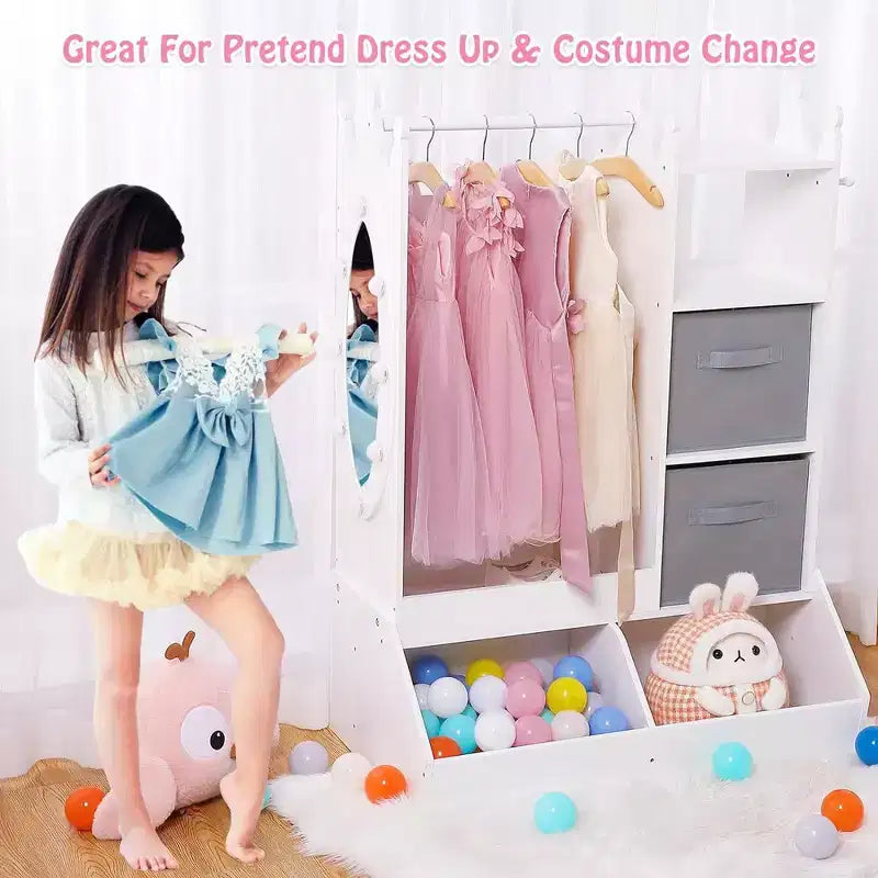 Cintre pour vêtements d'enfant avec miroir lumineux Armoire de rangement pour robe de fille et bac de rangement